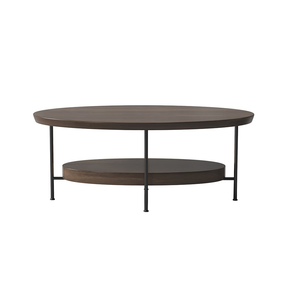 Table basse ovale moderne en noyer 1000 mm avec étagère de rangement en bois et métal image de fenêtre