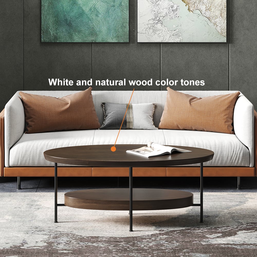 Table basse ovale moderne en noyer 1000 mm avec étagère de rangement en bois et métal image de fenêtre