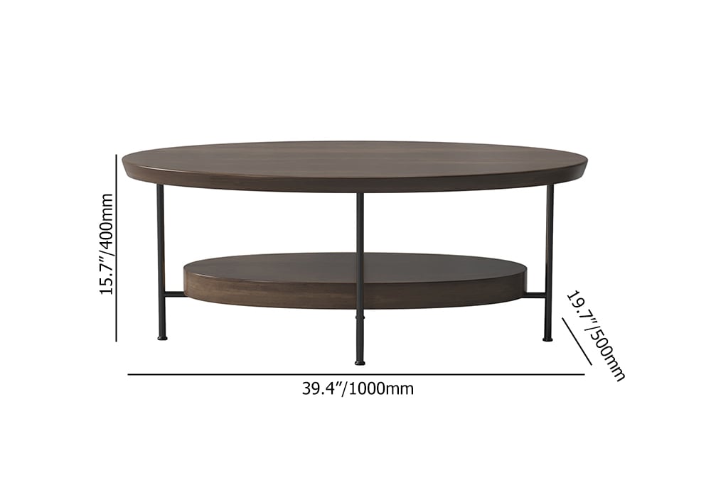 Table basse ovale moderne en noyer 1000 mm avec étagère de rangement en bois et métal Poids, dimensions, image