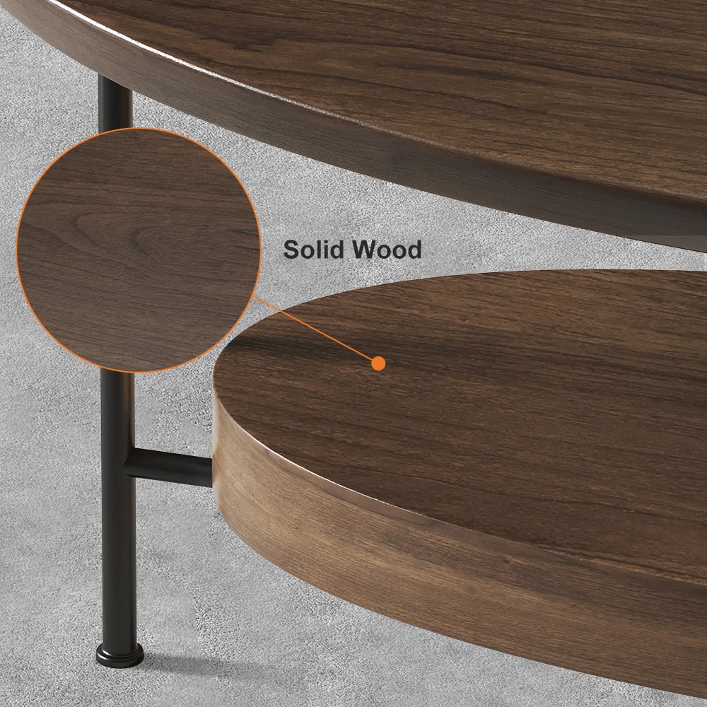 Table basse ovale moderne en noyer 1000 mm avec étagère de rangement en bois et métal image de fenêtre