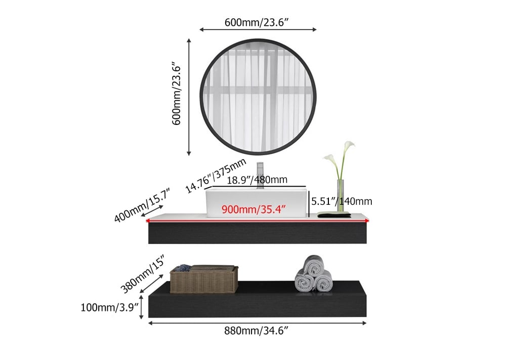 Modern 35" Floating Wall-Mount Single Bathroom Vanity Set with Stone Resin weights dimensions image