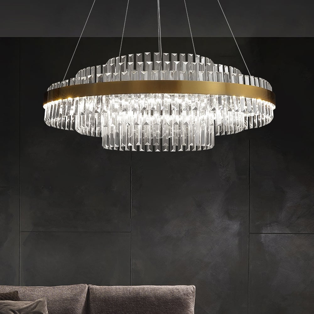 Fixedo Modern Tiered Crystal LED Chandelier in Brass Light window image