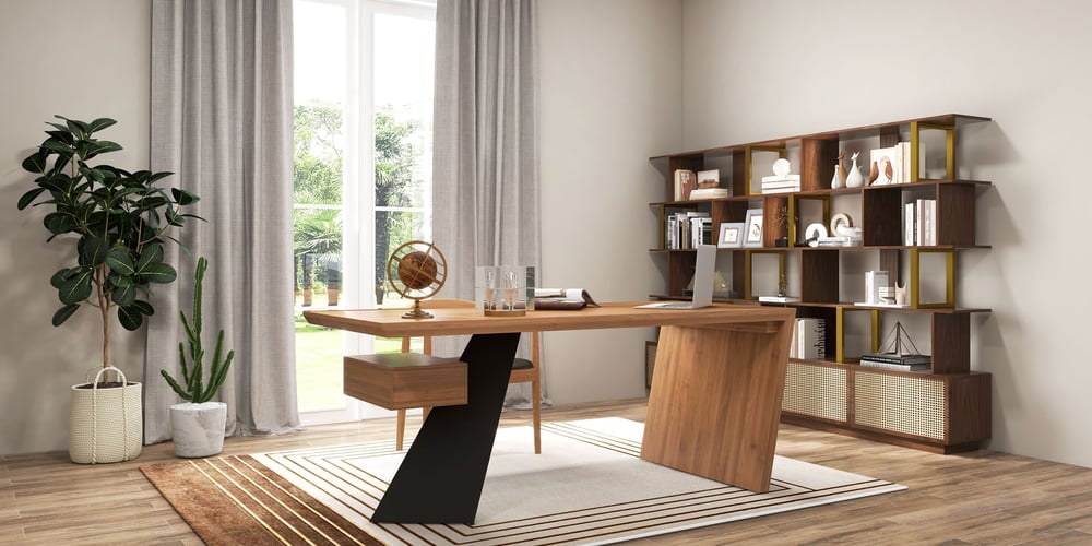 Moderní, vintage a abstraktní stůl s plovoucí zásuvkou pro kancelář obrázek okna