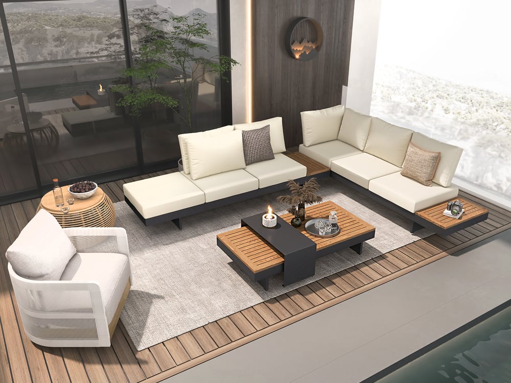 Axis 6-Person Aluminum & Teak Outdoor Sectional Sofa Set in Beige window image