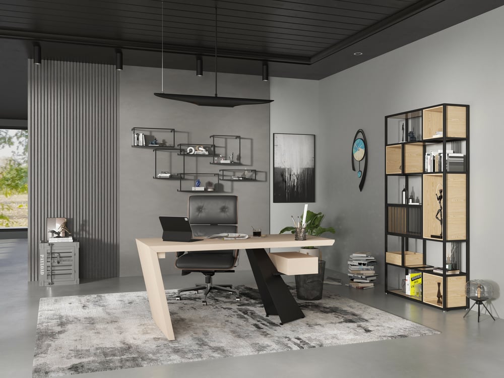 Bureau de bureau moderne Cabstract en bois naturel avec tiroir (1400 mm) image de fenêtre