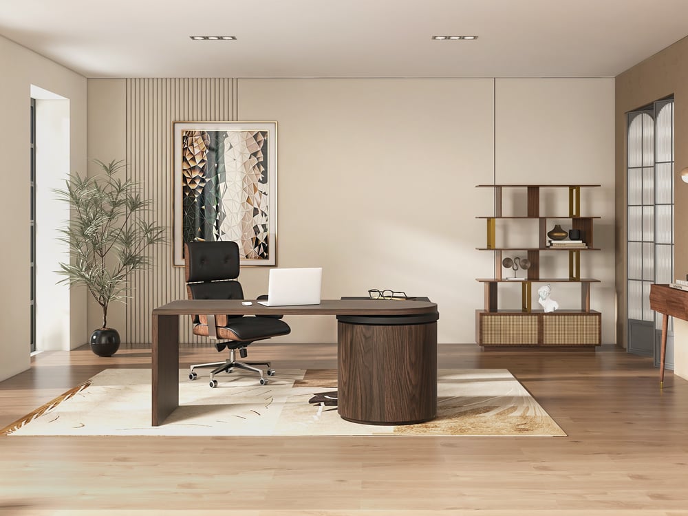 Bureau en L avec tiroirs, bureau exécutif rotatif moderne de 59,8 pouces image de fenêtre