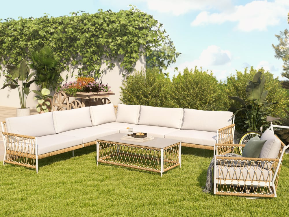 Poltrona giratória de jardim de madeira e alumínio com almofada - bege Imagem da janela