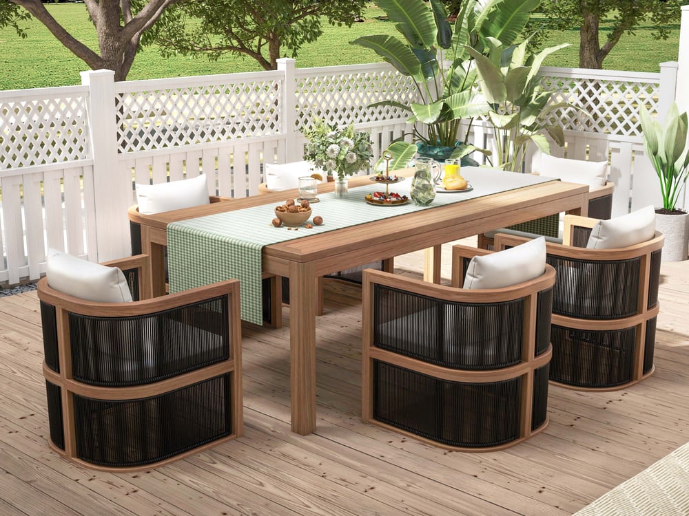 7-Piece Outdoor Dining Set For 6 with Rectangle Table & Rope Woven Armchair in Natural window image