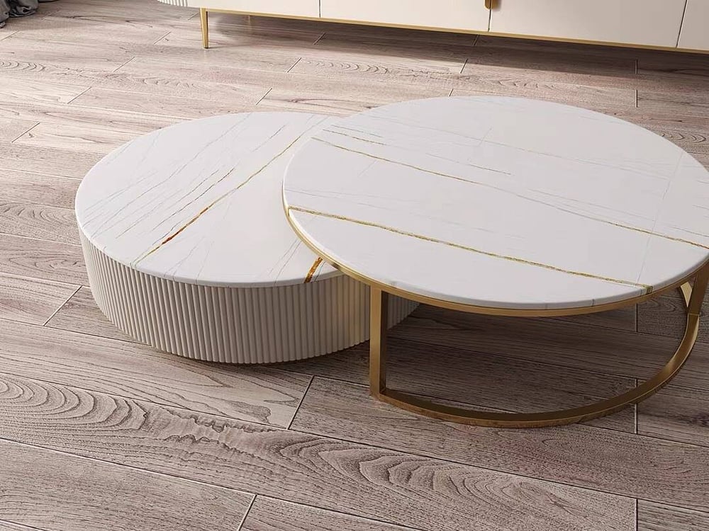 Round 2-Piece Nesting Set Sintered Stone Top Beige Coffee Table with Drawer window image