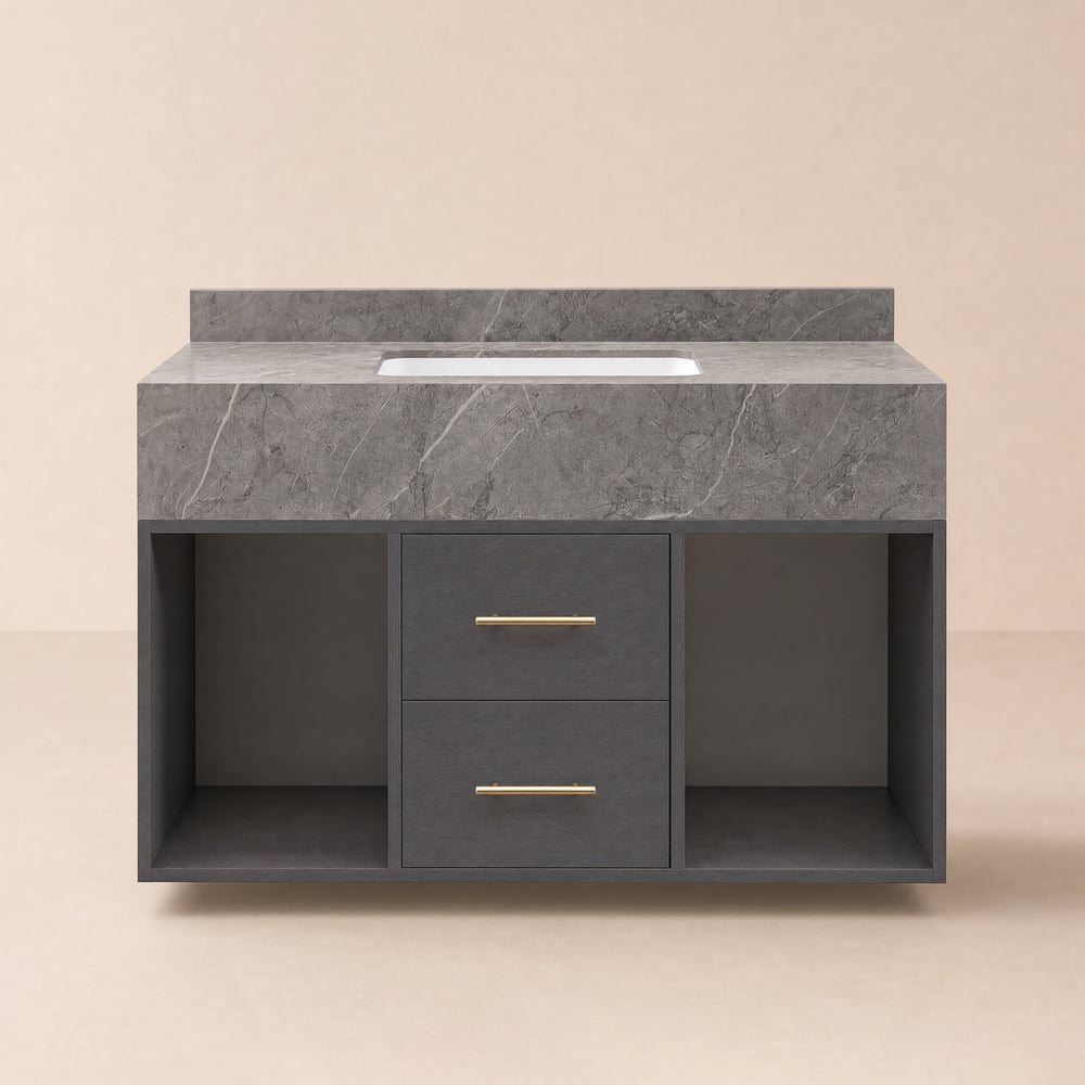 Meuble-lavabo simple mural moderne de 90 cm avec lavabo et plateau en pierre frittée image de fenêtre
