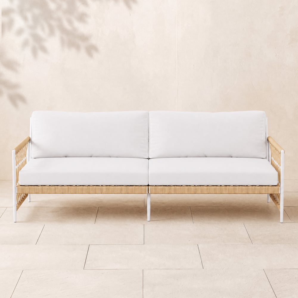 Ropipe Woven Rope Outdoor Sofa 3-Seater Sofa with White Polyester Pillow Cushion window image