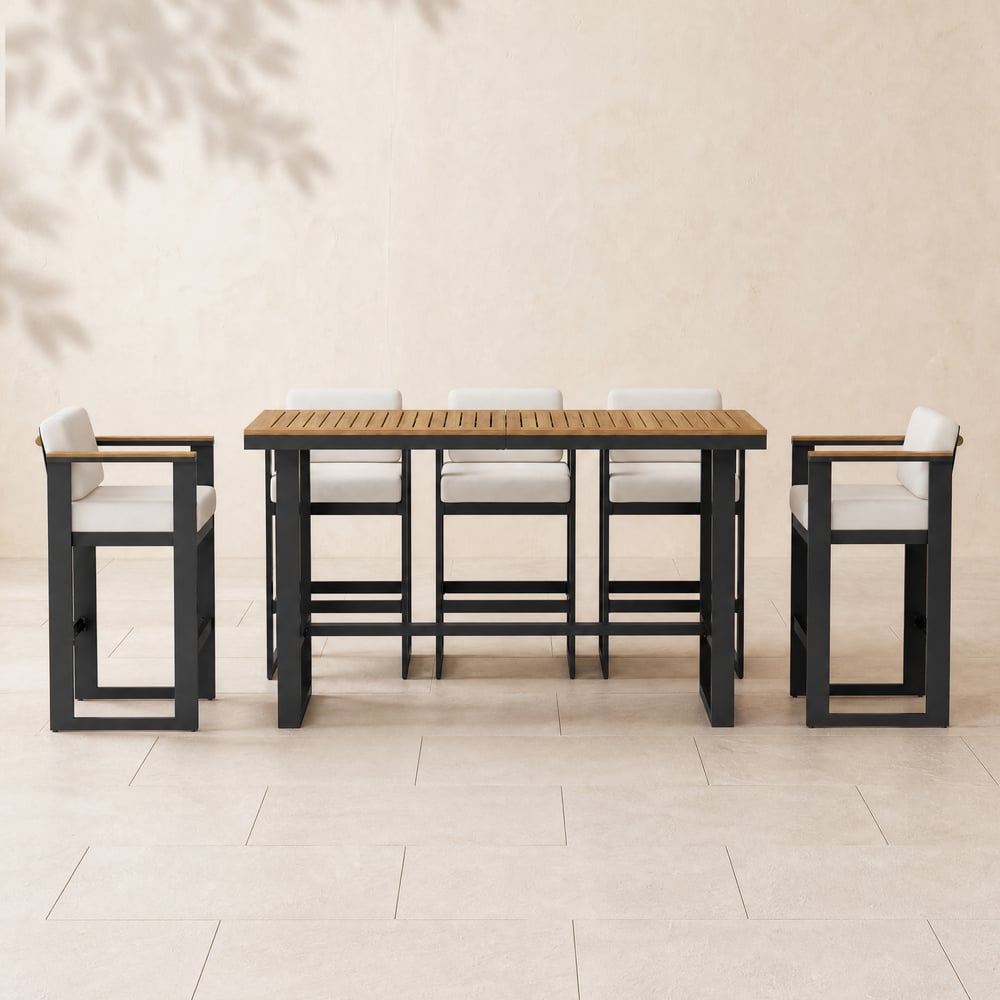 Tevara Teak Wood Modern Outdoor Bar Set Dark Gray Frame & Warm White Cushion window image