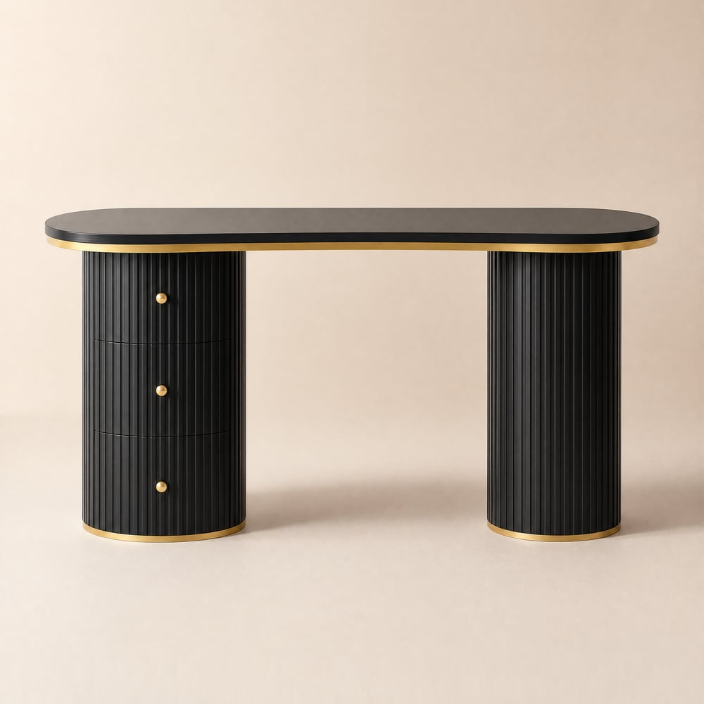 Modern 110 cm Curved Black Wood Desk with 3 Drawers & Fluted Double Pedestal Base window image