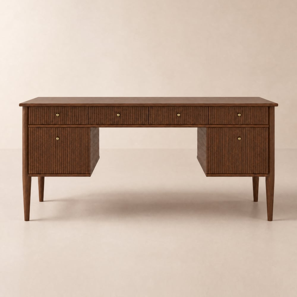 Mid Century Modern 64" Rectangular Walnut Veneer Desk with 6 Drawers window image