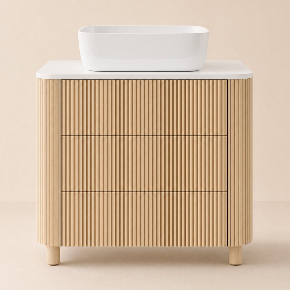 Meuble-lavabo de salle de bain autoportant cannelé de 81 cm (32 pouces) avec vasque, 3 tiroirs, plateau en pierre frittée image de fenêtre