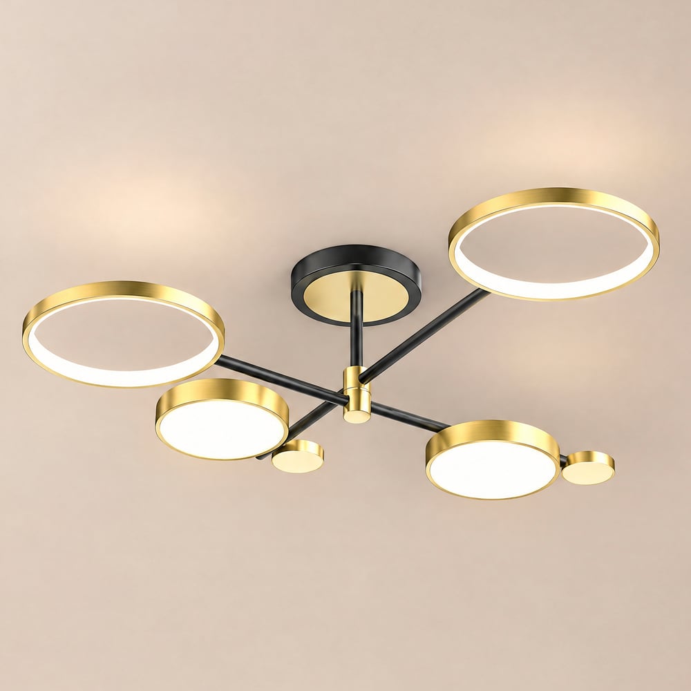 Lámpara de techo semi-empotrada de estilo nórdico, con anillo LED, en dorado/negro Imagen de ventana