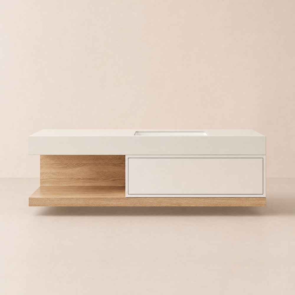Bathroom Vanity Set 59" Modern Floating Bathroom Vanity White and Natural with Sink window image
