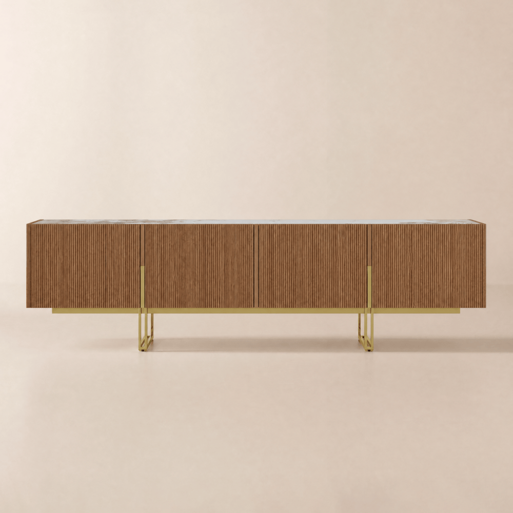 Meuble TV Grovyn 200 cm avec plateau en pierre frittée, 4 portes cannelées, espace de rangement intérieur divisé image de fenêtre