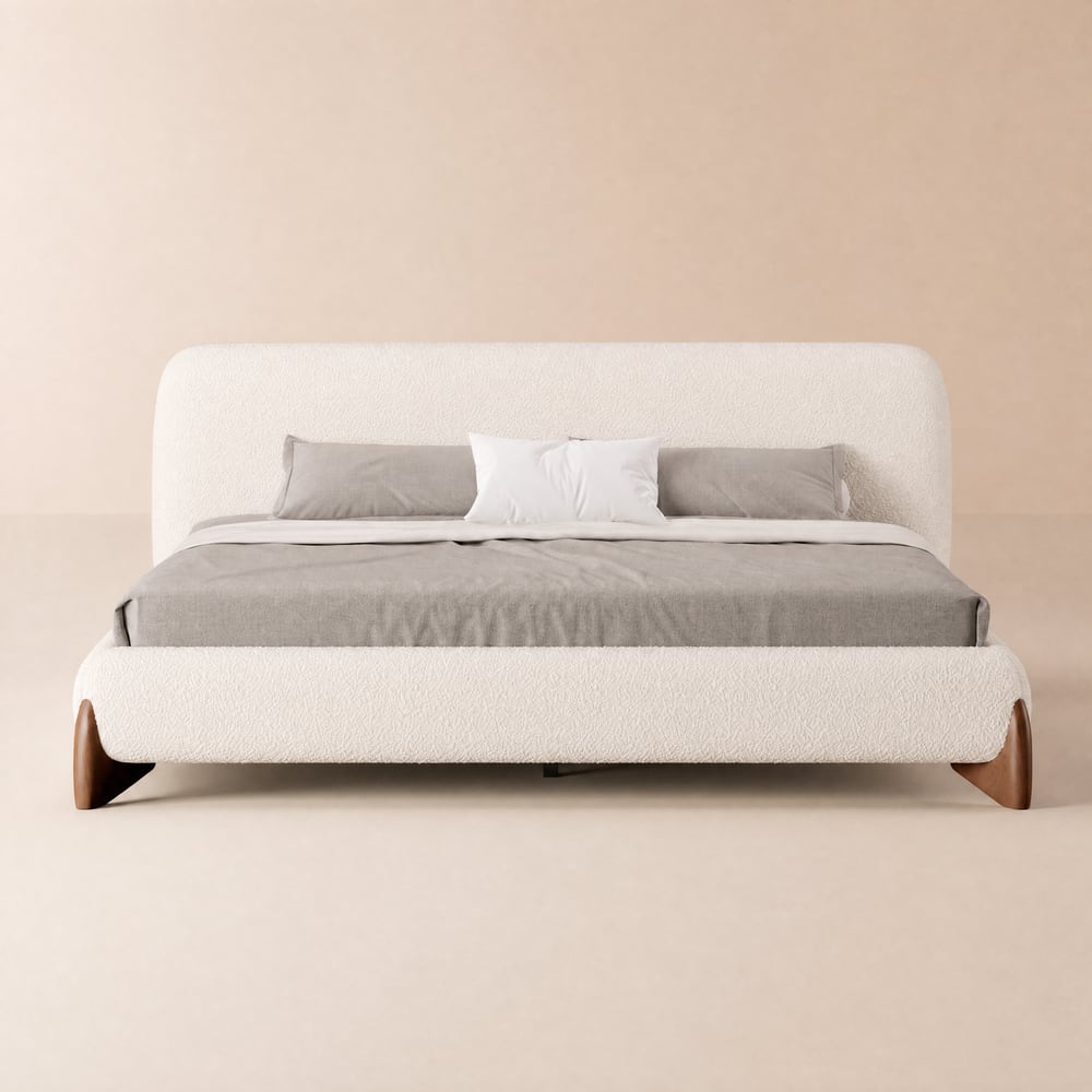 Curva King Boucle Upholstered Platform Bed with Natural Legs window image