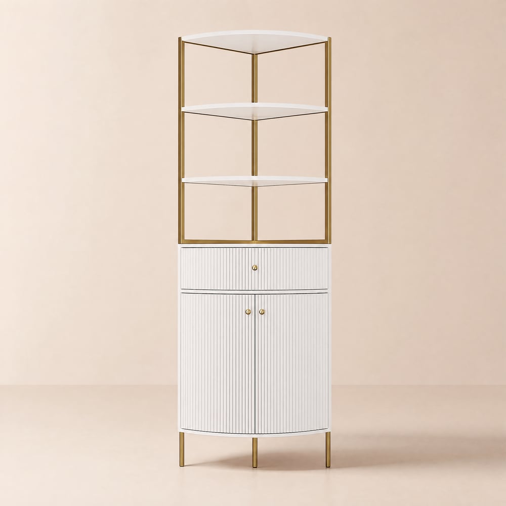 1900mm Modern White Etagere Corner Bookshelf 1 Drawer & 2 Doors Wooden Tall Bookcase window image
