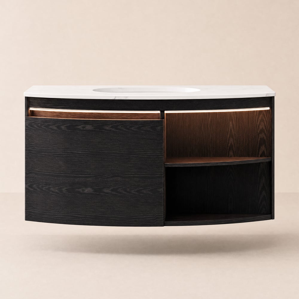 Modern 36" Corner Floating Single Bathroom Vanity with Sink, LED Light, Storage window image