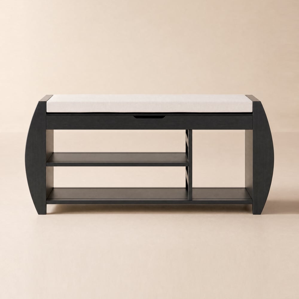 Banc d'entrée de 40 pouces en bois massif noir avec rangement pour chaussures et porte-chaussures image de fenêtre