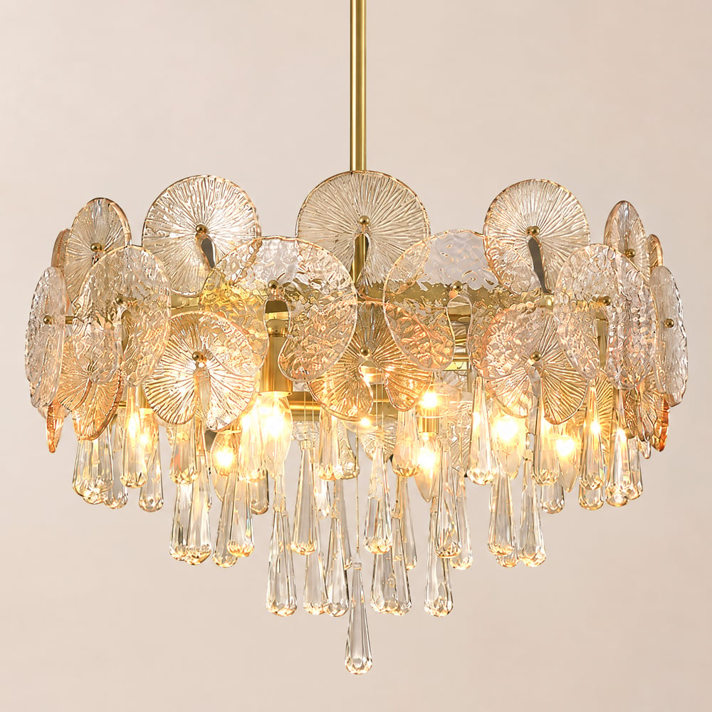 Lustre Glam à 9 lumières en cristal à 5 niveaux, lampes suspendues dorées pour salon image de fenêtre