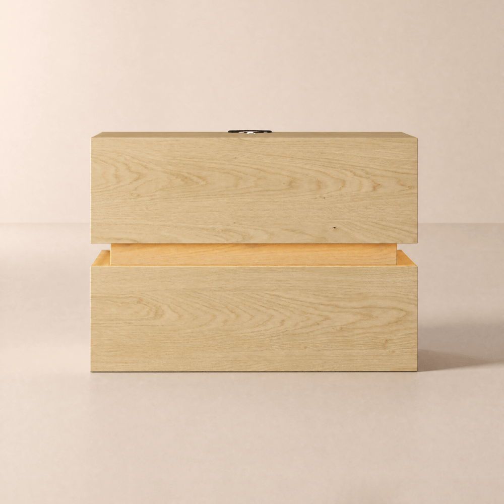Table de chevet suspendue Lumio à 2 tiroirs naturel avec lumière LED et station de recharge image de fenêtre