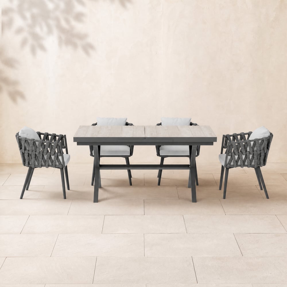 7-Piece Outdoor Extendable Dining Set with 6 Rope Weave Chairs (163 cm - 214 cm) in Grey window image