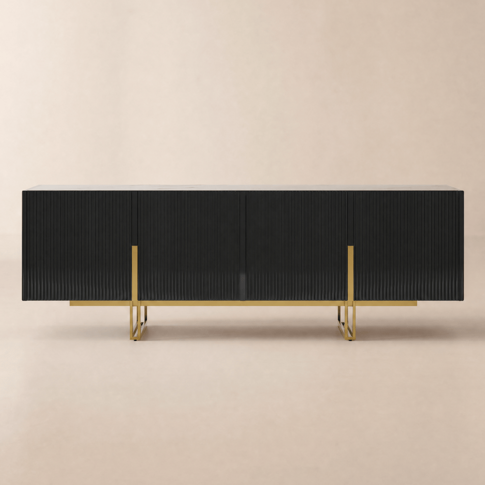 Meuble TV Grovyn 150 cm avec plateau en pierre frittée et design cannelé image de fenêtre