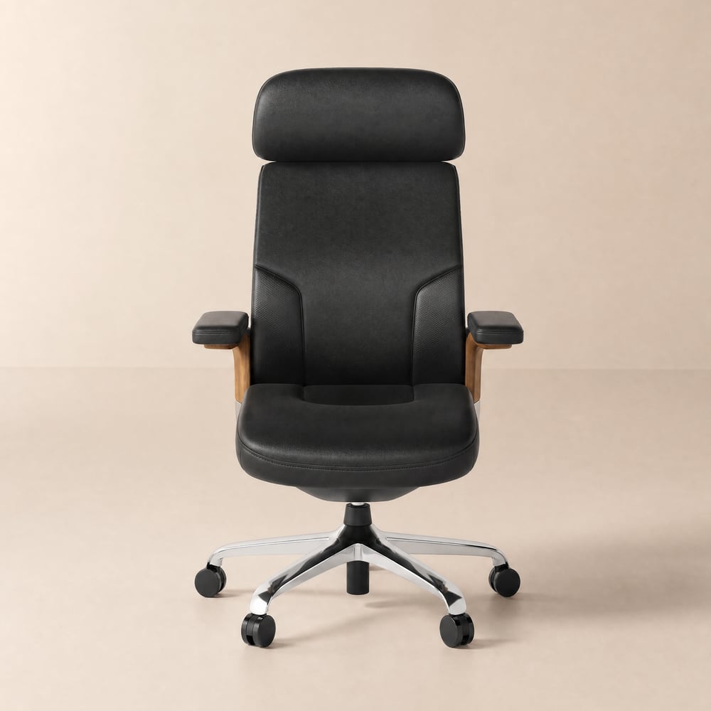 Black Genuine Leather Swivel Office Chair with Ergonomic Synchro-Tilt Recline System window image