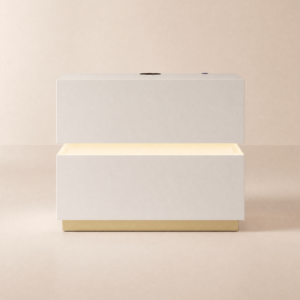 Table de chevet Lumio en bois avec lumière LED, 2 tiroirs et station de charge - blanc image de fenêtre