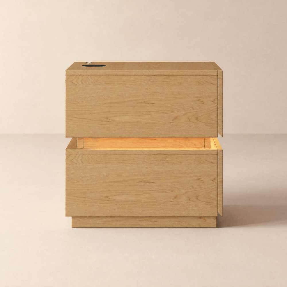Table de chevet Lumio à finition naturelle à 2 tiroirs avec éclairage LED et station de recharge image de fenêtre