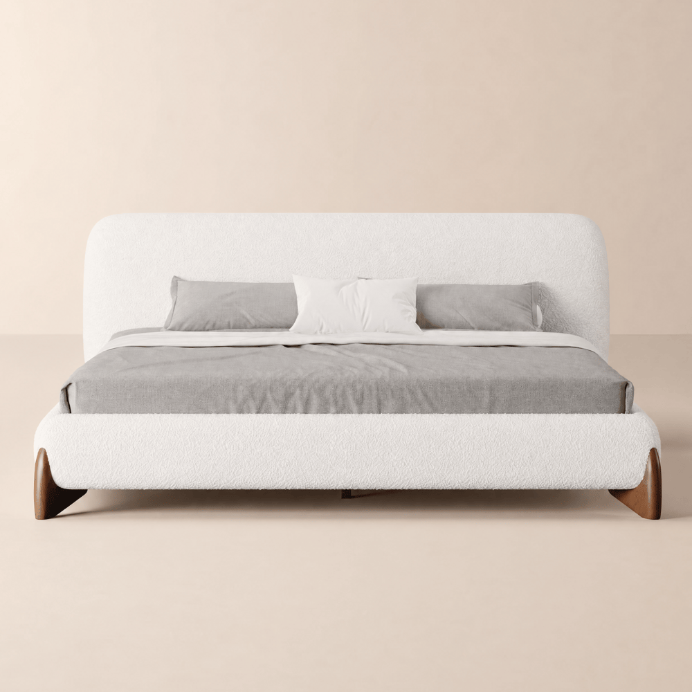 Curva King Boucle Upholstered Platform Bed with Walnut Legs window image