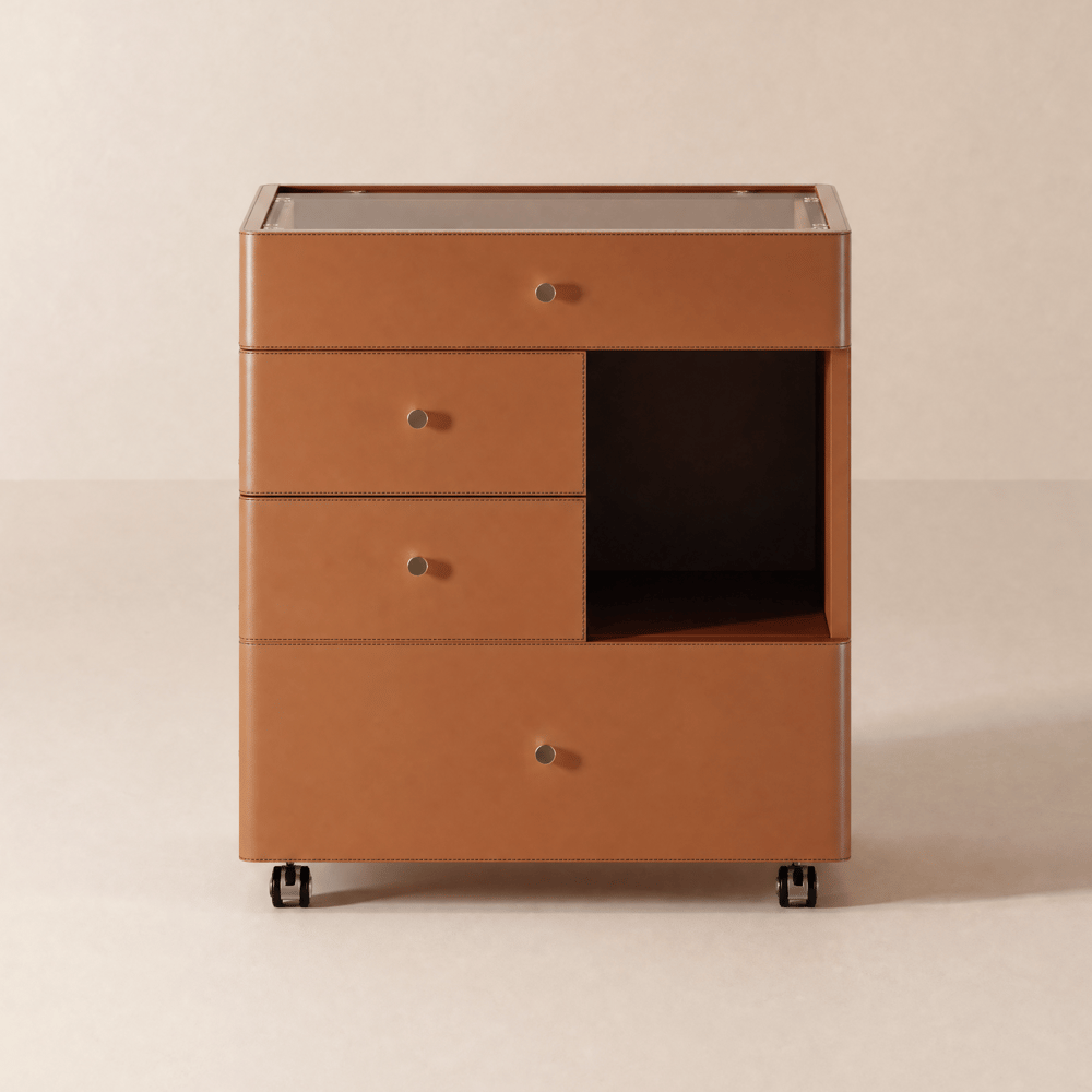 Selvo Saddle Leather Walk-In Closet Island Jewelry Dresser with Glass Top window image
