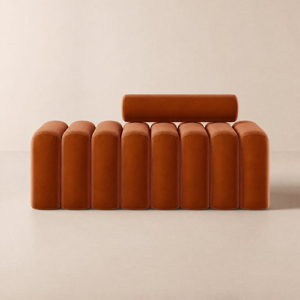 Modern Line, getuftete Eingangsbank, gepolsterte Bank mit runder Rückenlehne, Orange Schaufensterbilder