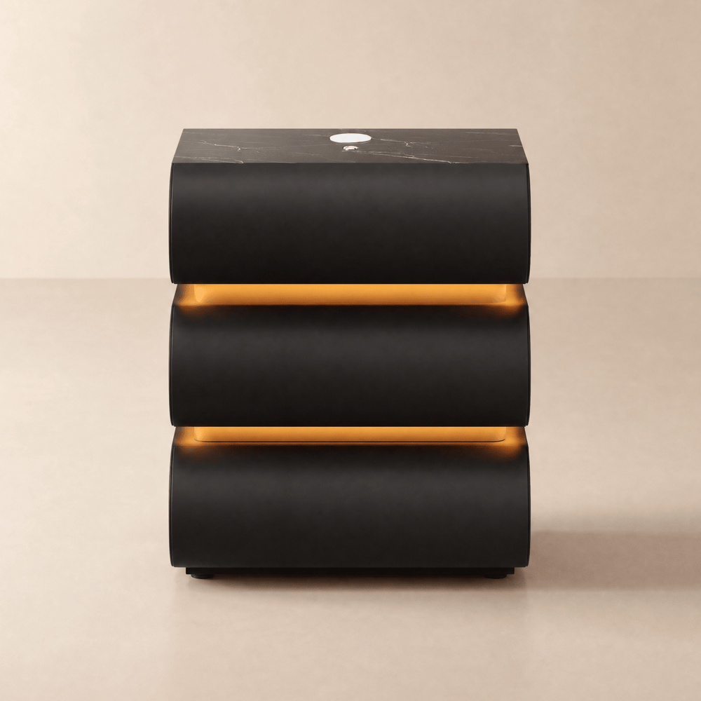 Humply Black Faux Leather 3-Drawer LED Bedside Table with Charging Station window image