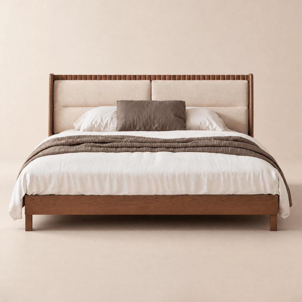 Modern Walnut King Size Solid Wood Bed with Boucle Headboard Pillows window image