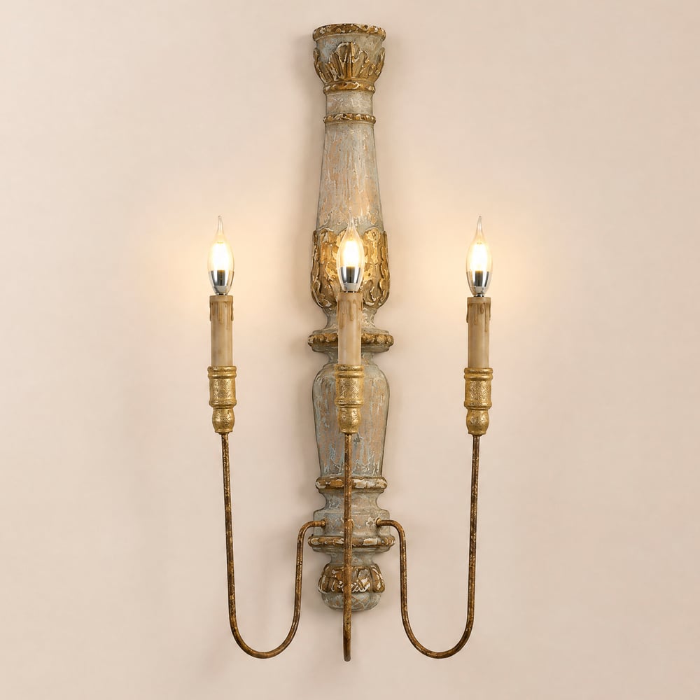 French Country 3-Light Wood Candle Wall Sconce Distressed Carved Design window image