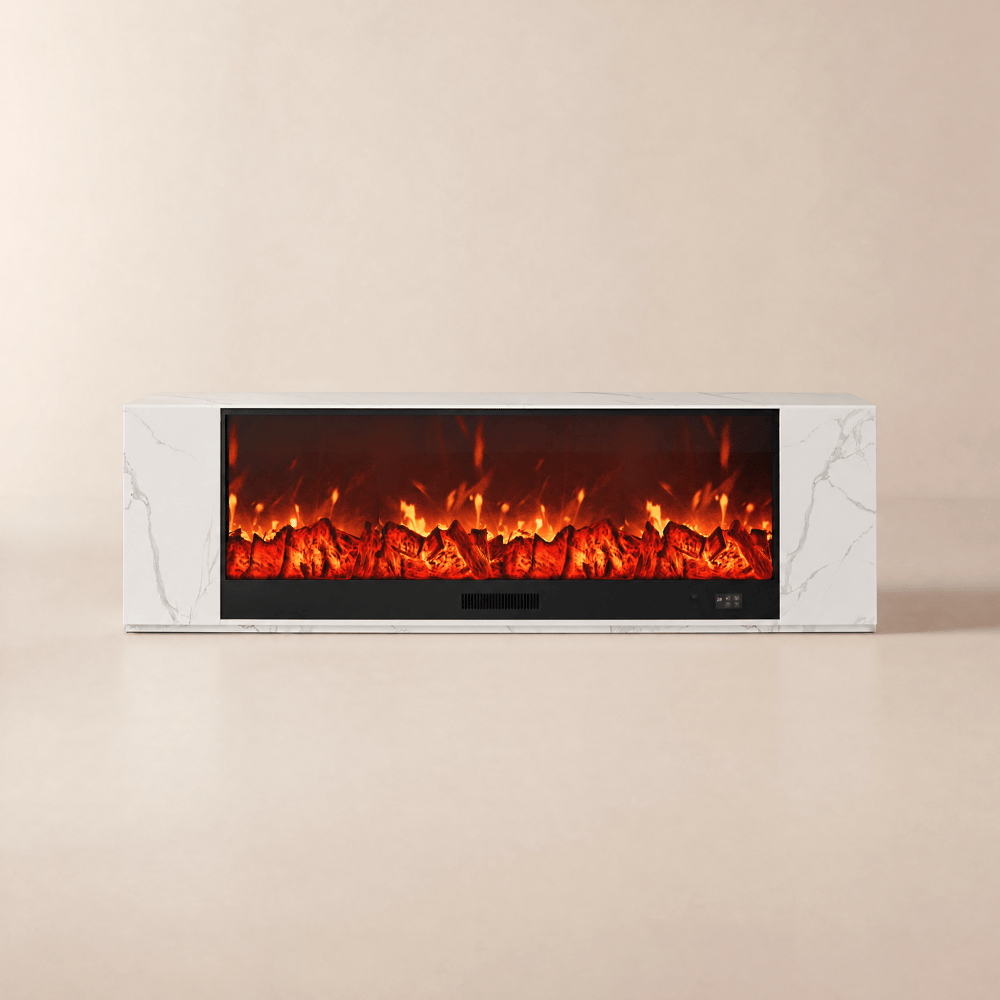 Mueble TV con chimenea eléctrica 200 cm en chapa de piedra sinterizada con control remoto - blanco Imagen de ventana