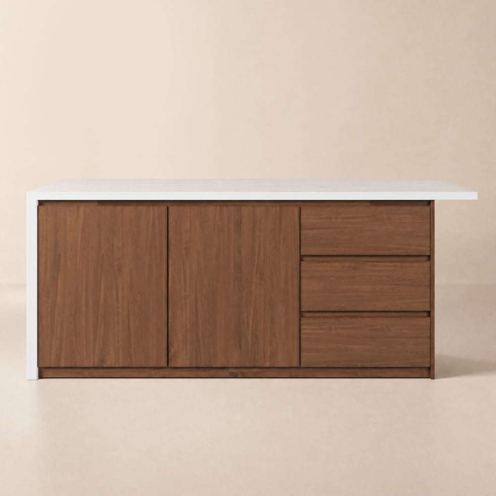 Îlot de cuisine moderne de 72" en pierre frittée mate avec rangement, Noyer image de fenêtre
