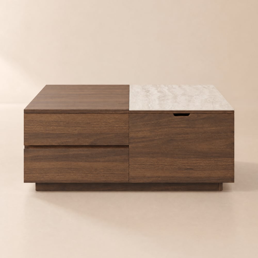 Table basse carrée relevable double 100 cm noyer avec plateau en pierre frittée et rangement image de fenêtre