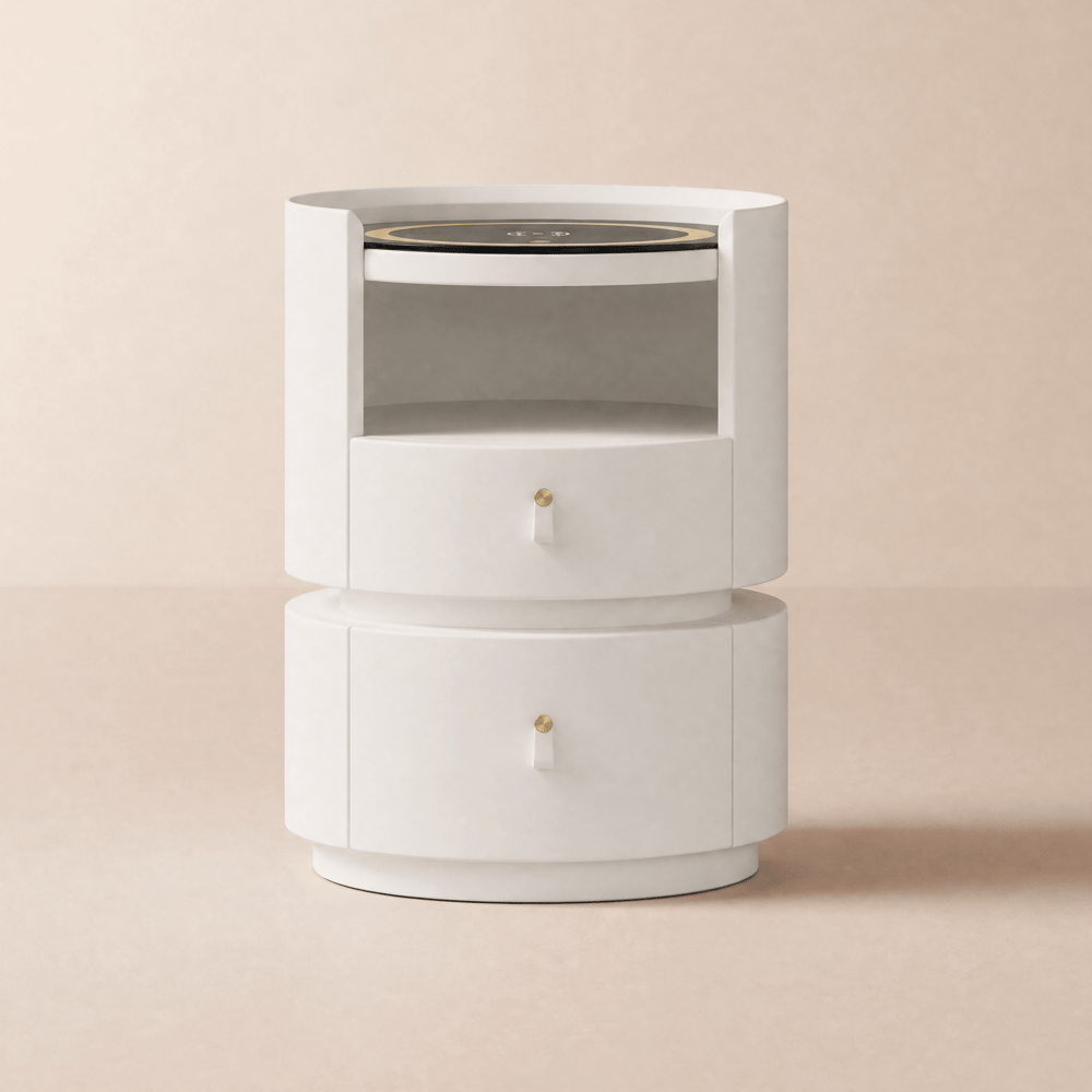 Round saddle leather bedside table with LED and wireless charging white window image