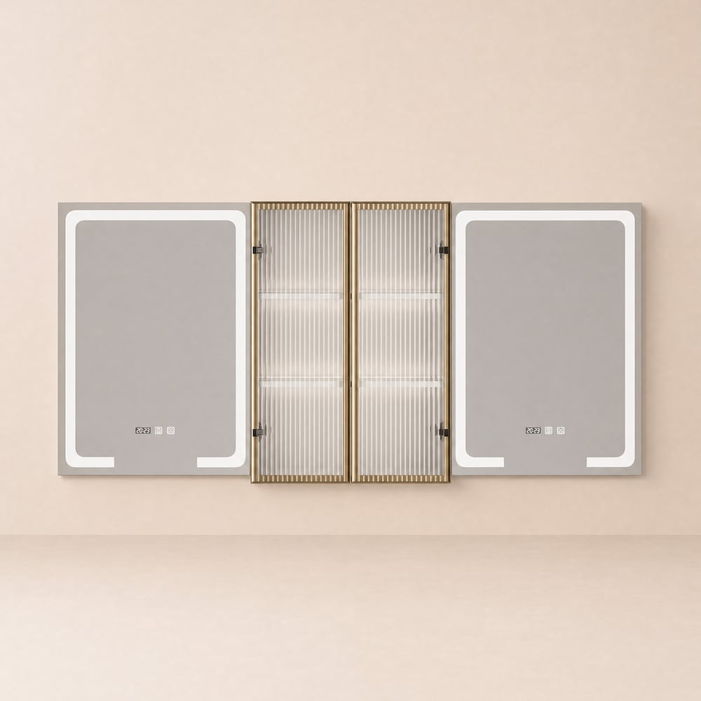 59" LED Lighted Medicine Cabinet Wooden Wall-mounted Bathroom Mirror with Doors window image