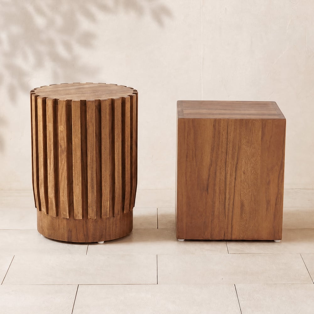 2 Pieces Rustic Round & Rectangle Teak Wood Outdoor Coffee Table Set in Natural window image