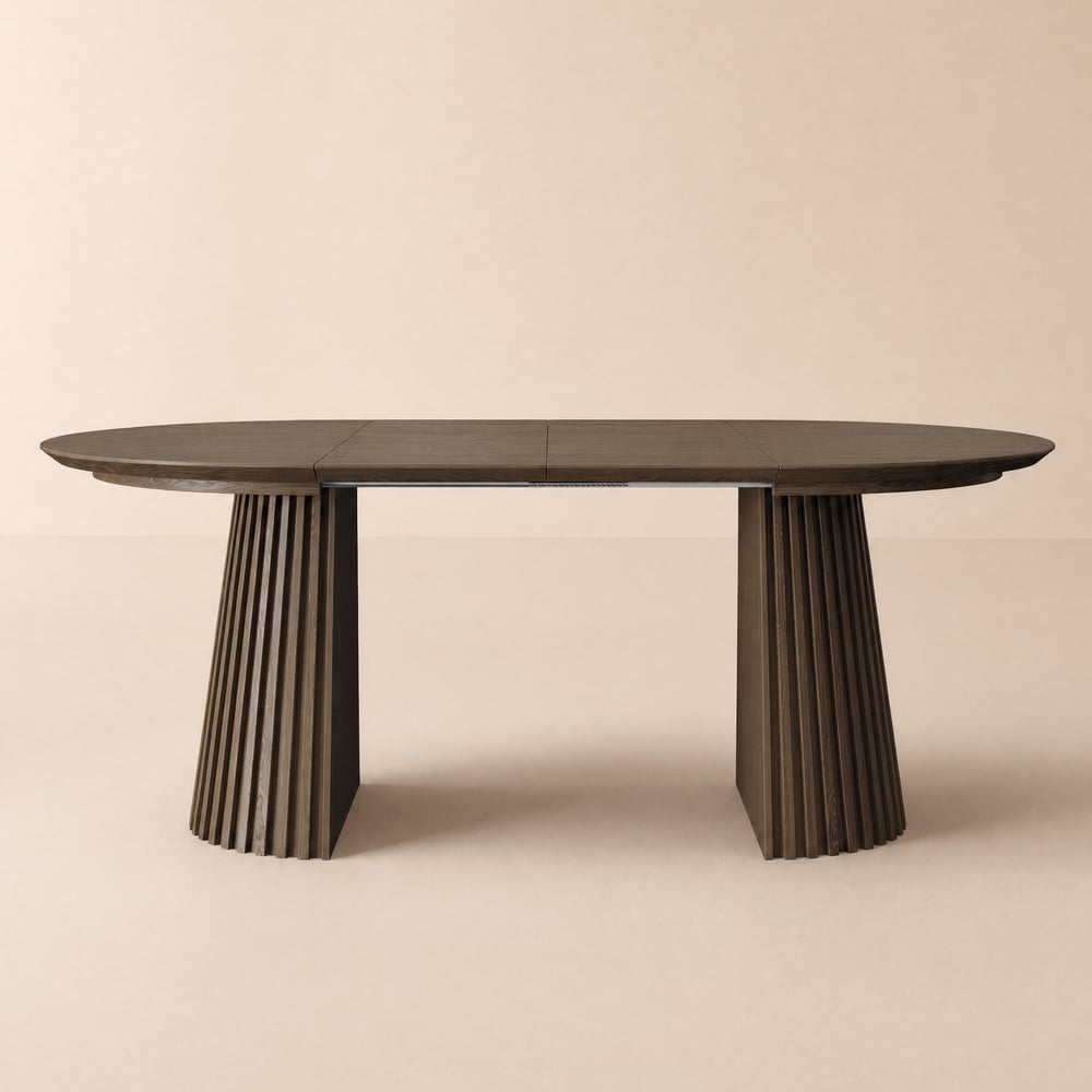 Modern 47"-79" Extendable Smoky Brown Wood Dining Table with Fluted Base, Seats 4-6 window image