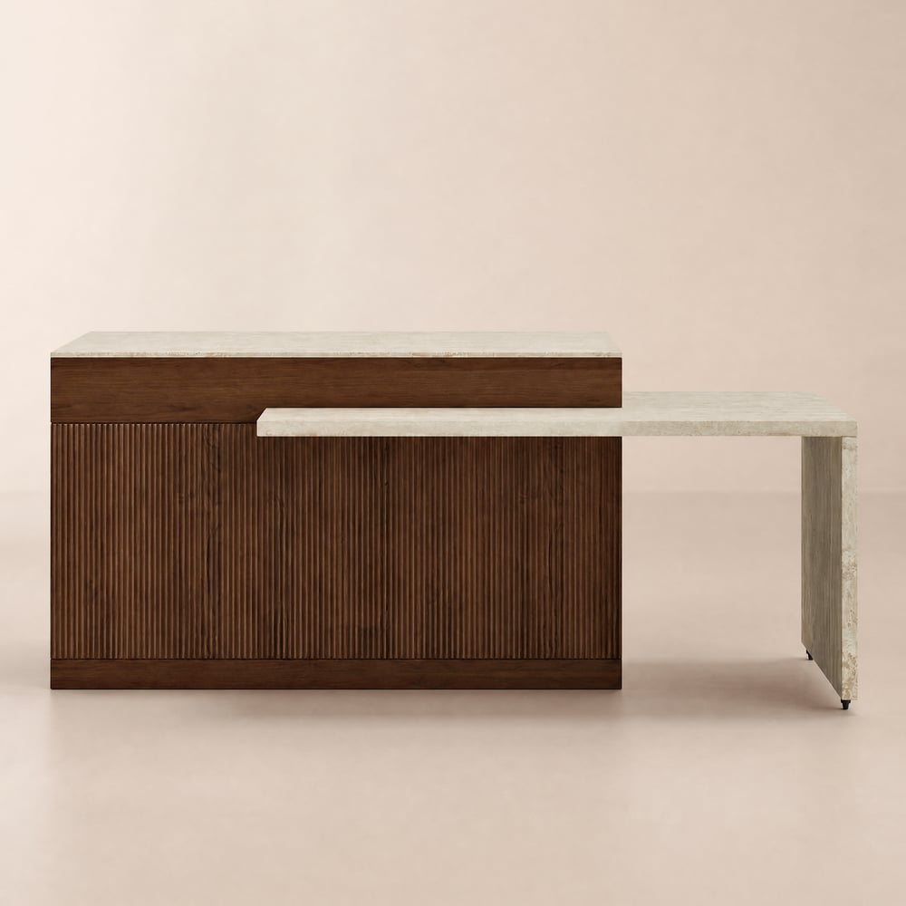 Isla de cocina extensible de 205 - 284 cm de madera con puertas y cajones nogal Imagen de ventana