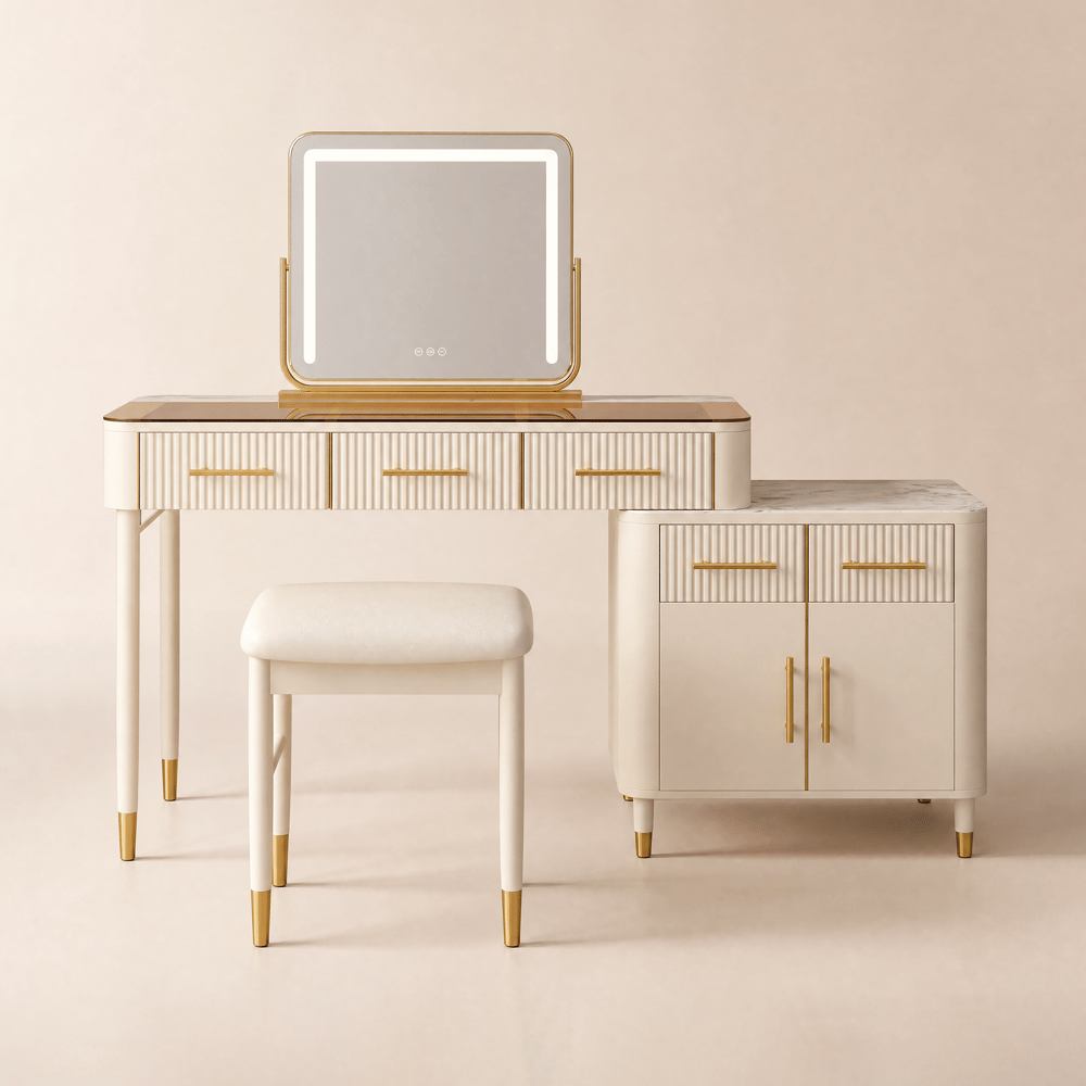 Modern White Makeup Vanity Set with Lighted Mirror and Side Cabinet window image