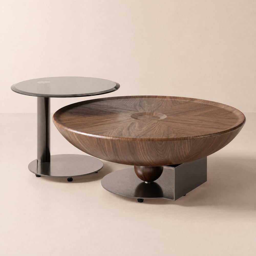 Table gigogne 55 - 90 cm avec plateau en verre en noyer, 2 pièces image de fenêtre