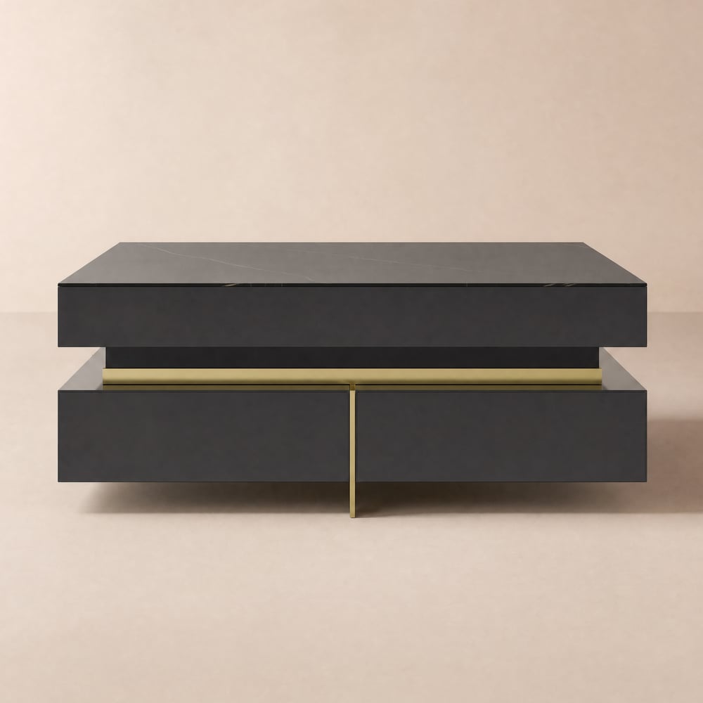 Table basse carrée moderne en pierre frittée noire avec 4 tiroirs image de fenêtre